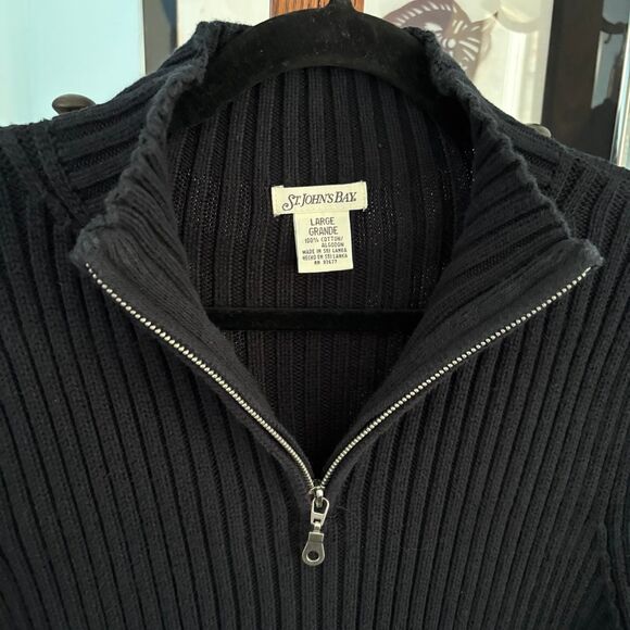 Women's St. John’s Bay 1/4-Zip Ribbed Sweater, Heavy Knit 100% Cotton Black sz L - Picture 5 of 7
